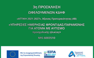 ΚΗΜΑ : 3η Πρόσκληση για αιτήσεις φοίτησης για άτομα με αυτισμό προσχολικής ηλικίας μέσω ΕΣΠΑ – Πρόγραμμα MIS 6003510