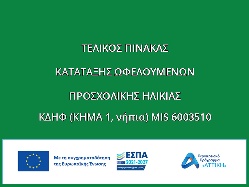 ΤΕΛΙΚΟΣ ΠΙΝΑΚΑΣ ΚΑΤΑΤΑΞΗΣ ΩΦΕΛΟΥΜΕΝΩΝ ΠΡΟΣΧΟΛΙΚΗΣ ΗΛΙΚΙΑΣ ΚΔΗΦ (ΚΗΜΑ 1, νήπια) MIS 6003510